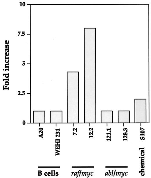 Fig. 6. IGF-I is a mitogen for raf/myc- and chemical-induced plasma cell lines in vitro. The indicated cell lines were seeded at 1 × 105 cells/well in 24-well plates and either not treated or incubated with 100 ng/ml of IGF-I for 44 h followed by a 4-h pulse with 1 μCi of [3H]thymidine. Cells were harvested, and [3H]thymidine content was determined. The fold increase of mitogenesis was calculated for triplicate samples by dividing the cpm of nonstimulated samples by the cpm of IGF-I stimulated counterparts.