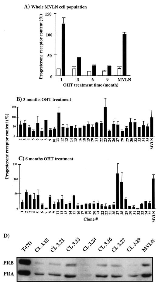 Fig. 2. PR content of MVLN and OHT-treated resistant cells and PRA:PRB ratio analysis. PR content of MVLN cells and individual clones was determined after 4-day stimulation with 1 nm estradiol. PR content of untreated MVLN cells was taken as 100%. A, MVLN cells were grown in DCC medium containing 10−7 m OHT for 1, 3, 6, and 9 months. B and C, clones 1–35 were isolated as described in “Materials and Methods” from MVLN cells grown in DCC medium in the presence of 10−7 mOHT for 3 months (B) and 6 months (C). D, each clone was grown for 4 days with 1 nmestradiol, after which 20 μg of cell extracts were submitted to 12%SDS-PAGE, transblotted, and processed for Western analysis.