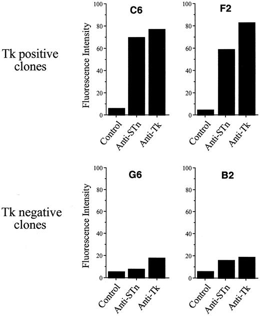Fig. 3. Cytofluorimetric analysis of cell surface glycosylation using FITC-labeled lectins and mAbs. Clonal cells were derived from SW707 after selection using mAb LM389 and magnetic beads followed by limiting dilution. Shown are examples of two clones labeled by mAb LM389 (C6 and F2) and of two unlabeled clones (B2 and G6). Mean intensities of fluorescence obtained with each reagent are given in arbitrary units. Control corresponds to the mean fluorescence intensity of cells incubated in the presence of the FITC antimouse immunoglobulin only.