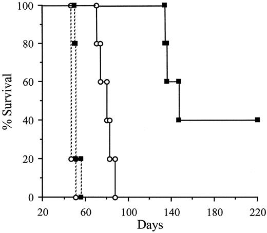 Fig. 9. Survival of rats immunized against Tk-positive human erythrocytes. Groups of five rats were immunized by i.p. injections of native erythrocytes (○) or of papain and endo-β-galactosidase-treated erythrocytes (▪). After the last injection, rats received 1 × 106Tk-positive PROb cells (———) or Tk-negative A15A5 cells (----).