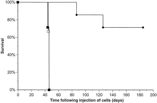 Fig. 3. Effect of Bcl-2 antisense treatment in vivo on the survival of LCL (Sweig)-bearing scid mice. Animals were injected with 20,000,000 Sweig cells i.p. on day 1 and treated with Bcl-2 antisense oligodeoxynucleotide (n = 7; ♦),RV control oligodeoxynucleotide (n = 7; ▪),or saline without oligodeoxynucleotide (n = 7; □) on days 1, 4, 7, 10, and 13. Animals were killed when they developed clinical signs of tumor. On day 185, all of the surviving animals were killed. All of the 14 animals in the RV oligodeoxynucleotide or saline arms died with gross tumor. In the antisense arm, two of seven animals died with gross tumor, and five of seven remained tumor-free.