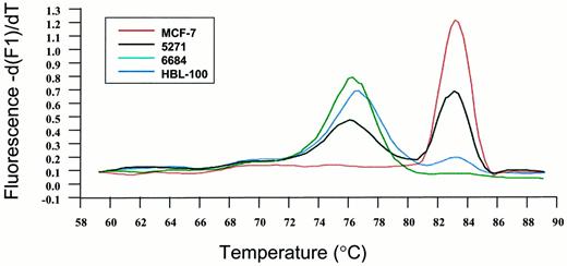 Fig. 4. S6K expression in primary breast tumors by LightCycler RT-PCR. The melting curve analysis for MCF-7 and HBL-100 cell lines and two primary breast tumors is shown. The rate of fluorescence change is blotted as a function of temperature [−d(F1)/dT]. Specific products identified based on the higher melting temperature (at 80°C to 84°C) indicate that S6K is highly expressed in MCF-7 cells and in tumor 5271. No expression is seen in tumor 6684.