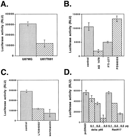 Fig. 7. VEGF promoter activity in U87 MG and U87/T691 cells. For A–D, normalized luciferase(luciferase:β-galactosidase ratios) are plotted on the Y axis in relative luciferase units (RLU). For all four panels, values represent the mean of three independent transfections; bars, 1 SD of the mean. A, both U87 MG and U87/T691 cells were cotransfected with pSV-β-galactosidase(Promega) and pGL3–1.5kbVEGFprom (see “Materials and Methods”). Forty-eight h later, samples were collected and analyzed for luciferase and β-galactosidase activity. B and C,U87 MG cells were transfected with pSV-β-galactosidase (Promega) and pGL3–1.5kbVEGFprom (see “Materials and Methods”). Forty-eight h later, cells were treated with drugs as listed below. After 12 h,cells were harvested for luciferase and β-galactosidase activity. B: column 1, control (DMSO treated); column 2, tyrphostin AG1478 (10 μm); column 3, FTI-277 (10 μm); column 4,PD98059 (25 μm). C: column 1, control (DMSO treated); column 2, LY294002(20 μm); column 3, wortmannin (100 nm). D, U87 MG cells were cotransfected with pSV-β-galactosidase (Promega), pGL3–1.5kbVEGFprom (see “Materials and Methods”), and a third plasmid as listed below. Forty-eight h later, samples were harvested. Column 1, pcDNA3 (control plasmid); columns 2–4, pcDNA3/delta p85 in increasing amounts (0.1–0.5 μg); columns 5–7, pcDNA3/RasN17 in increasing amounts (0.1–0.5 μg). Total amount of DNA was 0.5 μg;therefore, pcDNA3 was added as a filler DNA as needed. A–D,bars, SD.