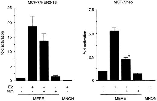 Fig. 2. Tamoxifen effect on ER-mediated transcription as a function of HER2 overexpression. MCF-7/HER2–18 and MCF-7/neo cells were transiently transfected with an ERE-containing luciferase reporter construct (MERE) or control vector (MNON)in estrogen-free medium, followed by a 16-h incubation in the presence or absence of 1 nm 17β-estradiol (E2) with or without 1 μm 4-OH tamoxifen (tam). Firefly luciferase activity was internally normalized by Renilla luciferase activity from a cotransfected pRL construct (Promega). Normalized luciferase activity from triplicate wells was expressed relative to the luciferase activity of each cell line in the absence of E2 and tamoxifen; bars, SE. ∗, P < 0.001, compared with E2 alone by Student’s unpaired t test. These results were confirmed in three independent experiments.