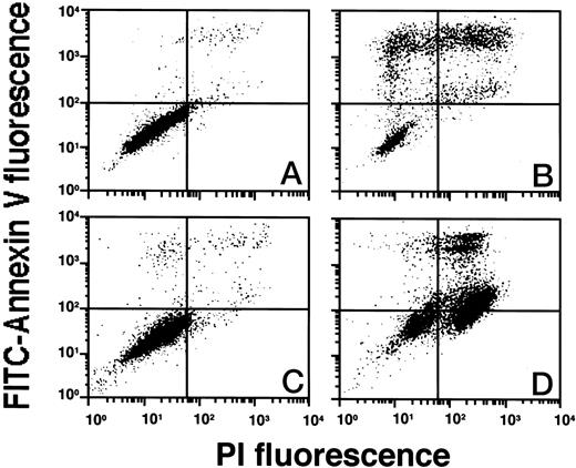 Fig. 8. FACS analyses of PANC-1 cells deprived of nutrients and treated with LY294002 and troglitazone. Cells were incubated for 4 h with 0 μm (A) and 50 μmtroglitazone (B) in the medium deprived of glucose and serum and for 12 h with 0 μm (C) and 20 μm (D) LY294002 in amino acid-deprived medium. The cells were then collected and double-stained with FITC-conjugated Annexin V and propidium iodide (PI) with an apoptosis detection kit (Bender MedSystems Diagnostics). Analyses were performed on FACS Caliber.