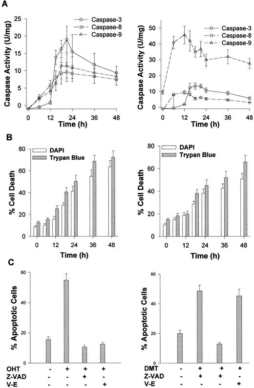 Fig. 4. A, activation of caspases in human breast cancer cell lines by the metabolites of TAM, OHT (left panel) and DMT (right panel). MDA-MB 231 cells were treated with 5 μm either OHT or DMT for various time intervals as indicated and enzymatic activity of caspases was determined by a fluorogenic assay as described in “Materials and Methods.” Data, means of three independent experiments(± SE). B, induction of apoptosis in human breast cancer cell lines by TAM metabolites, OHT (left panel)and DMT (right panel). After treatment of MDA-MB 231 cells with 5 μm of either metabolite for various time intervals as indicated, percentage of cell death was assessed by both DAPI and trypan blue staining as described in “Materials and Methods.” Data, means of three independent experiments(± SE). C, effect of caspase inhibitor and V-E on cell death induced by TAM metabolites, OHT (left panel) and DMT (right panel). MDA-MB 231 cells were pretreated with 10 μm z-VAD-fmk or 0.3 mm V-E for 1 h followed by treatment with either 5 μm OHT or 5μ m DMT for 24 h, and the percentage of cell death was assessed by both DAPI and trypan blue staining as described in “Materials and Methods.” Data, means of three independent experiments (± SE).