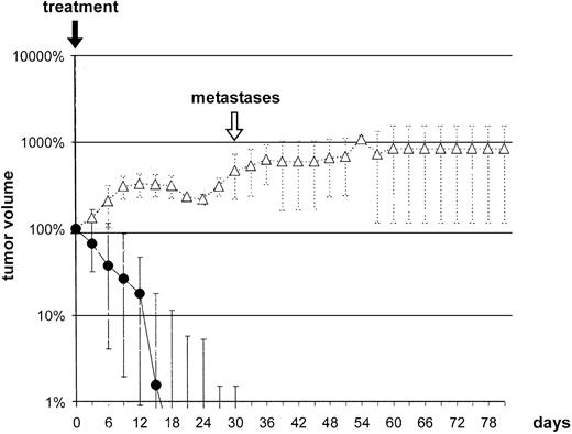 Fig. 4. Group 1a: effect of i.a. application of FF-MTX [20% of the regular systemic dose (•)] on relative tumor volume after magnetic drug targeting compared with control group [group 6 (▵),control (no treatment)]. Symbols, the median tumor volume; bars, the maximum and minimum values; metastases, onset of metastases; treatment, the day of treatment (singular treatment).