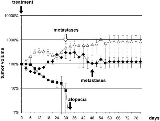 Fig. 6. Group 2: effect of i.a. application of MTX—20 and 50%(♦) and 75 and 100% (▪) of the regular systemic dose—on relative tumor volume compared with control group [group 6 (▵), control (no treatment)]. Symbols, the median tumor volume; bars, the maximum and minimum values; metastases, onset of metastases; alopecia, onset of alopecia; treatment,the day of treatment (singular treatment).