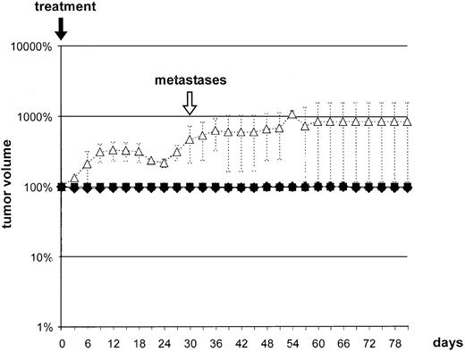 Fig. 10. Group 5: effect of i.a. application of FF-MTX 20% (♦)and 50% (▪) without magnetic field. ▵, control (no treatment). Symbols, the median relative tumor volume; bars, the maximum and minimum values; metastases, onset of metastases; treatment, the day of treatment (singular treatment).