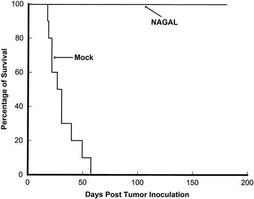 Fig. 4. Transfectant influenza A virus mediates survival of mice with established CT26.CL25 tumor metastases. Groups of 10 mice were inoculated i.v. with 105 CT26.CL25 tumor cells and then vaccinated i.p. 3 and 14 days later with 106 pfu of the transfectant influenza A virus NAGAL, or they were mock treated. Animals were monitored daily for survival for >6 months.