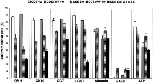 Fig. 1. Phenotype of oval cells isolated in each dose group. Phenotype was determined by cytochemistry and immunocytochemistry on cytospin preparations are detailed in“Material and Methods.” Cell designation in the legend is as indicated in Table 2<$REFLINK>. For each marker examined, slides from all groups were processed simultaneously, and reaction with substrate was stopped at the same time. A total of 1000 cells were scored on random fields. Values are means obtained from at least two independent scorings; bars, SD.