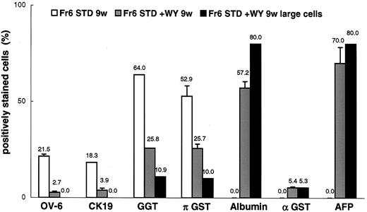 Fig. 6. Phenotype of cells collected in fraction 6 from rats fed a standard diet. Phenotype was determined by cytochemistry and immunocytochemistry on cytospin preparations; details are in “Material and Methods.” Cell designation in the legend is as indicated in Table 2<$REFLINK>. For each marker examined, slides from all groups were processed simultaneously, and reaction with substrate was stopped at the same time. A total of 1000 cells were scored on random fields. Results obtained by examining cells with diameter >15 μm is indicated as the percentage of total cells scored. Values are means obtained from at least two independent scorings; bars,SD.
