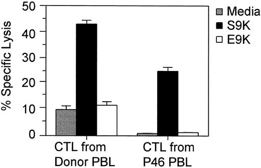 Fig. 2. Specificity of the CTL response stimulated by the S9K MYCN peptide. The lytic activity was tested by standard 6-h 51Cr-release assay at an E:T ratio of 50:1. The target cells for the peptide-stimulated CTLs generated from the PBLs of the HLA-A1+ normal donor were PHA blasts and PHA blasts incubated with peptides (50 μg/ml). Autologous EBV-LCL and EBV-LCL loaded with peptides were used as targets for CTLs generated from the PBLs of the HLA-A1+ patient with MYCN-amplified neuroblastoma (P46). A 5-fold excess of unlabeled K562 cells was added to offset NK activity. The data represent means of three independent experiments; bars,SE.