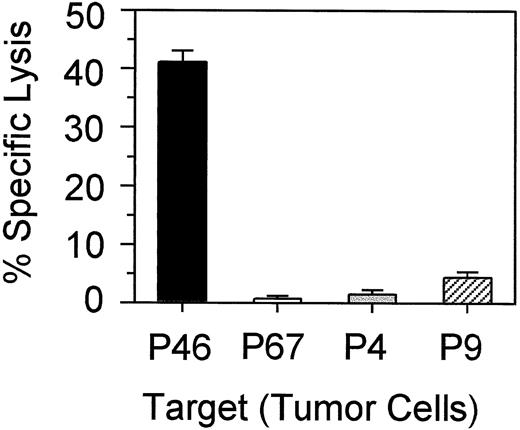 Fig. 4. Recognition of tumor cells by MYCN peptide S9K-stimulated CTLs is MYCN specific and HLA-restricted. The cytotoxicity of CTLs from the HLA-A1+ normal donor was measured with neuroblastoma cells from patients P46(HLA-A1+, MYCN-amplified), P4(HLA-A1−, HLA-A2+, MYCN-amplified), P67 (HLA-A1+, MYCN-nonamplified), and P9 (HLA-A1−,HLA-A2+, MYCN-nonamplified) at an E:T ratio of 50:1 in a 6-h 51Cr-release assay. The data represent means from three independent experiments; bars, SE.