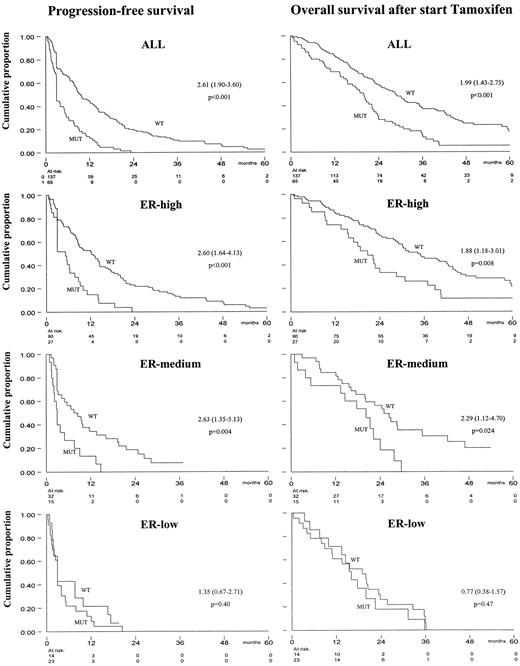 Fig. 1. PFS (left) and survival after the start of tamoxifen treatment (right) as a function of TP53 gene status in all patients (ALL),patients with high ER (>75 fmol/mg protein; ER-high),patients with intermediate ER (10 > ER <75 fmol/mg protein; ER-medium), and patients with low ER (<10 fmol/mg protein; ER-low). The number of patients below the X axis represents the number at risk over total patients in the wild-type and mutated subgroups, respectively.