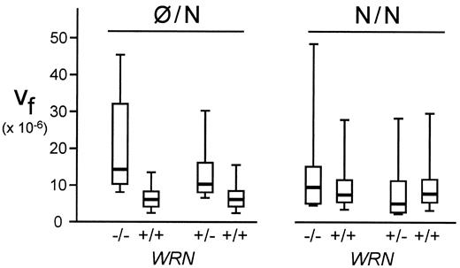 Fig. 3. GPA Vf as a function of WRNgenotype. GPA N-allele Vf (×10−6) are shown for WRN patients (WRN−/−), heterozygous carriers (WRN+/−), and matched control donors (WRN+/+; see “Materials and Methods”) as modified box plots. Boxes above each WRNgenotype represent the central 50% of data points with the top and bottom of the box indicating 75th and 25th percentiles data,respectively. Median GPA N Vf for each WRNdonor group are indicated by a horizontal line within the box, and the vertical lines extending from each box end indicate the 95th (top) and 5th (bottom) percentiles for Vf data for each donor group. Percentiles were determined directly for control donors and by interpolation for WRN patients and heterozygotes.