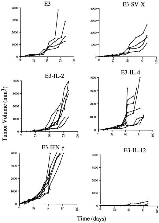 Fig. 5. Tumor growth in MUC-1 transgenic mice that received injections into the fat pad of the breast with E3 cells modified for cytokine secretion. Naive MUC-1 transgenic female mice between 12 and 16 weeks of age received injections into the fat pad of the breast with 1 × 106 E3 cells modified for cytokine secretion. For comparison, the mice received injections of an equivalent number of unmodified E3 cells or E3 cells transfected with a vector (pZiPNeoSV-X) that specified a neomycin resistance gene but did not encode a cytokine gene. Each cell type was suspended in 200 μl of growth medium for the injection. Two-dimensional tumor measurements were performed, and the volume of the tumor was calculated as described in “Materials and Methods.” Each line represents tumor growth in an individual mouse. The end point of the line represents the death of the mouse. There were eight mice in each group.