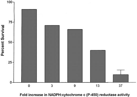 Fig. 4. Clonogenic assays measuring the ability of FpT-overexpressing CHO/HRM cell lines to form colonies under aerobic conditions with pulsed exposure to MC. Cells were exposed to 50 μm MC for 1 h at 37°C before plating. Survival of CHO/HRM clones expressing different levels of FpT was calculated based on the plating efficiencies of aerobic vehicle-treated controls. Values are geometric means of at least two determinations; SE (bars) for three or more values are shown above the columns.