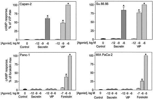 Fig. 1. Effects of secretin on intracellular cAMP levels in pancreatic cancer cell lines. Pancreatic cancer cell lines were stimulated with secretin and VIP for 30 min at 37°C. If there was no significant response to these secretagogues, cells were also stimulated with forskolin. Cellular cAMP levels are expressed as percentages of maximal levels achieved and represent means of duplicate determinations from three independent experiments; bars, SE. ∗, P < 0.001 relative to control values.