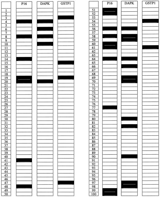 Fig. 2. Summary of methylation of p16, DAPK, and GSTP1 in 100 consecutive bronchial brush samples obtained from former heavy cigarette smokers. □, samples that are not methylated; ▪, samples that are methylated.