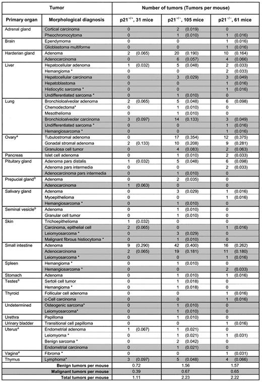 Incidence and spectrum of tumor types in γ-irradiated p21+/+, p21+/−, and p21−/− mice
