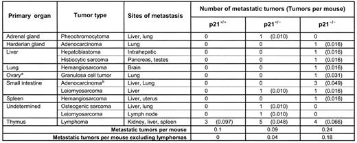 Metastatic tumors in γ-irradiated p21+/+, p21+/−, and p21−/− mice