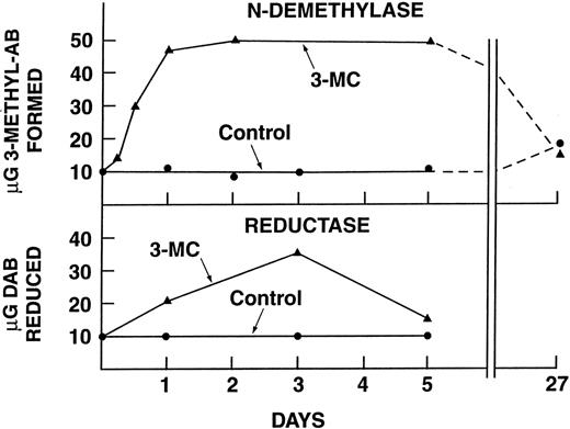 Fig. 1. Induction of hepatic aminoazo dye N-demethylase and reductase activities. Rats (50 g) were injected once i.p. with 1 mg of 3-methylcholanthrene (3-MC). N-Demethylase activity was determined in fortified liver homogenates by measuring the metabolism of 3-methyl-4-monomethylaminoazobenzene to 3-methyl-4-aminoazobenzene (3-methyl-AB). Reductase activity was determined by measuring the reduction of the azo linkage of 4-dimethylaminoazobenzene (DAB). Demethylase activity is expressed as μg of 3-methyl-AB formed/50 mg of liver/30 min. Reductase activity is expressed as μg of DAB reduced/30 mg of liver/30 min. Each point is the average of the activities for two or three rats. (Taken from Ref. 3.)
