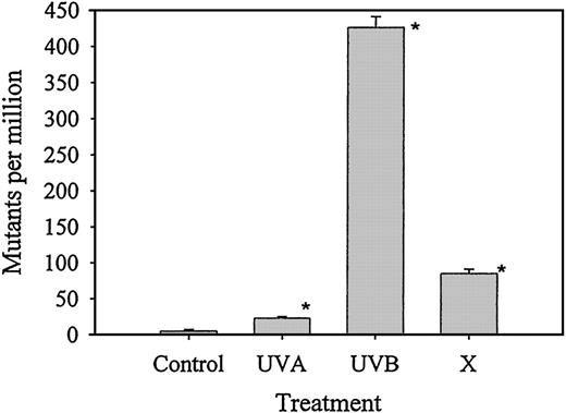 Fig. 2. Induction of early mutations in V79 cells treated with D20 doses UVA-, UVB-, or X-radiation. The figure shows the fraction of cells resistant to 5 μg/ml 6-thioguanine after an expression period of 6 days in unselective medium. The cells that were able to form colonies with >50 cells in medium containing 6-thioguanine were counted as mutants. Control, cells incubated with PBS for 10 min. Error bars = SE calculated from three independent experiments. *, significantly different from control (t test, P < 0.001).