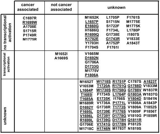 Fig. 1. Classification of the 94 missense mutations in the human BRCA1 BRCT domains analyzed in this study. The mutants were divided into groups depending on information about their cancer association and transcriptional activation function (Tables 1<$REFLINK> and 2<$REFLINK>). The mutations at solvent-exposed positions are underlined (“Materials and Methods”).