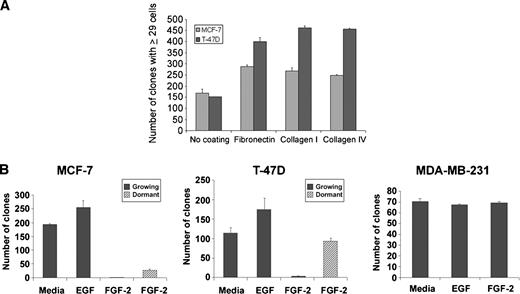 Fig. 1. A, effects of ECM proteins on the clonogenic efficiency of MCF-7 and T-47D cells. Cells were incubated on uncoated 24-well plates or plates coated with fibronectin, collagen I, or collagen IV at clonogenic densities of 1,000 cells/well. Crystal violet-stained colonies containing at least 29 cells were counted after 6 days in culture. B, effects of epidermal growth factor and FGF-2 on the clonogenic potential of well and poorly differentiated breast cancer cells in tissue culture. MCF-7 and T-47D cells (1,000 cells/well) and MDA MB-231 cells (200 cells/well) were incubated in 24-well plates ± 10 ng/ml epidermal growth factor or FGF-2 for 6 days and stained with crystal violet, and clones with ≥29 cells (growing clones; ▪) or with ≤10-well spread, growth arrested cells (dormant clones; ) were counted. Error bars indicate ± SD.