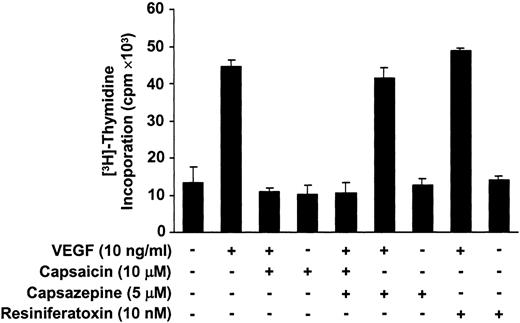 Fig. 2. The antiproliferative activity of capsaicin is not related to the vanilloid VR1 receptor. Human umbilical vein endothelial cells (HUVECs) were pretreated for 30 min with 10 μm capsaicin, 10 nm resiniferatoxin, 5 μm capsazepine, or 5 μm capsazepine plus 10 μm capsaicin before exposure to VEGF. Then, cells were stimulated with 10 ng/ml vascular endothelial growth factor (VEGF) and allowed to proliferate for 36 h. [3H]Thymidine was present during the last 6 h of incubation. Incorporated [3H]Thymidine into the cells was quantitated by scintillation counting; bars, ±SE.