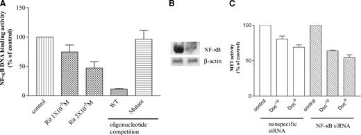 Fig. 4. Effect of ritonavir on NFκB/DNA binding activity in DU145 cells. A, ELISA. DU145 cells were plated in six-well plates and cultured either with or without ritonavir (1 or 2 × 10−5 mol/L) for 48 hours; nuclear protein was extracted and subjected to ELISA for measurement of NFκB/DNA binding activity. Results represent the mean ± SD of two experiments done in duplicate. Cold competition was performed using either wild-type NFκB DNA binding oligonucleotides (WT) or mutated NFκB DNA binding oligonucleotides (Mutant). Rit, ritonavir. B, transient transfection of NFκB siRNA. DU145 cells were transiently transfected with either NFκB siRNA or nonspecific siRNA. After 2 days, cells were harvested, and proteins were extracted and subjected to Western blot analysis. Membrane was probed sequentially with antibodies against Akt and β-actin. The blots were developed using the enhanced chemiluminescence kit. B, MTT assay. After 2 days of transfection, the control and NFκB siRNA-transfected DU145 cells were plated in 96-well plates and cultured either with or without docetaxel. On the third day of culture, the cell numbers and viability were evaluated by MTT assay.