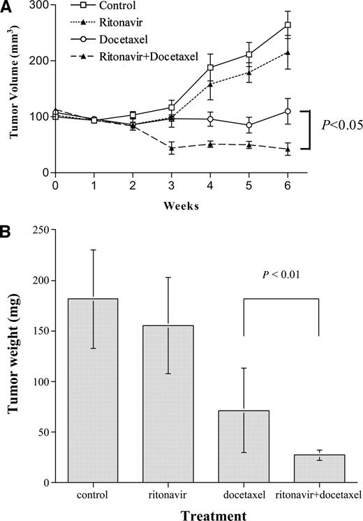 Fig. 5. Effect of ritonavir, docetaxel, or both on growth of DU145 tumors in BNX triple-immunodeficient mice. A. DU145 cells were injected bilaterally subcutaneously into BNX mice, forming two tumors/mouse. Ritonavir (10 mg/kg/mouse), docetaxel (25 mg/kg/mouse), and the combination of both were administered to mice for 5 days a week for 6 weeks. Tumor volumes were measured every week. Each point represents the mean ± SD of 10 tumors. B, tumor weights at autopsy. After 6 weeks of treatment, tumors were removed and weighed. Results represent mean ± SD of tumor weights. Statistical significance was determined by Mann-Whitney U test; bars, SD.