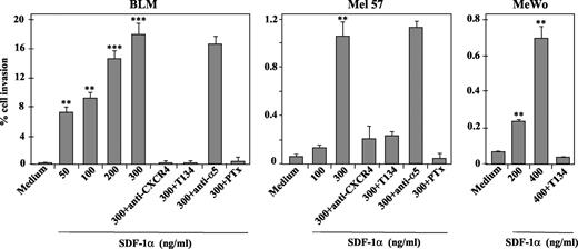 Fig. 1. Stromal cell-derived factor-1α (SDF-1α) promotes melanoma cell invasion across basement membranes. BLM, Mel 57, and MeWo melanoma cells were suspended in invasion medium and loaded on Matrigel-coated filters in invasion chambers, and invasion assays were performed with the stated concentrations of SDF-1α or medium alone (Control) as described in the “Materials and Methods.” Where indicated, invasion was in the presence of anti-CXCR4 or anti-α5 integrin (15 μg/ml) monoclonal antibody, T134 (50 nm), or pertussis toxin (PTx; 100 ng/ml). The percentage of cell invasion (Y axis) represents the mean ± SD (bars) of at least three independent experiments done in duplicate for each cell line. The results of Student’s two-tailed t test analysis for significant stimulation of invasion were as follows: ∗∗∗, P < 0.001; ∗∗, P < 0.01.