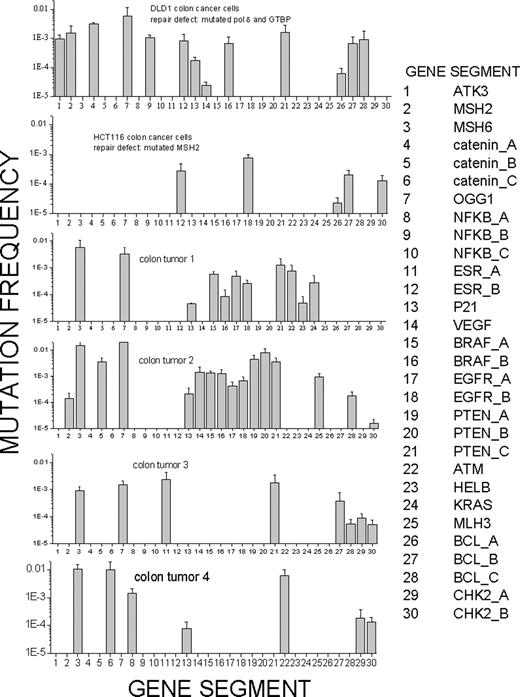 Fig. 6. iFLP-derived mutational signatures (MF versus gene segment) for repair-deficient colon cancer cell lines DLD-1 and HCT-116 and four colon surgical specimens for 30 of the 48 regions examined. (The remaining 18 regions were negative for the colon samples). The error bars represent SDs from three independent experiments. The list of gene segments carrying the mutations is depicted on the right. For genes in which more than one region was examined, these were indicated by A, B, or C.