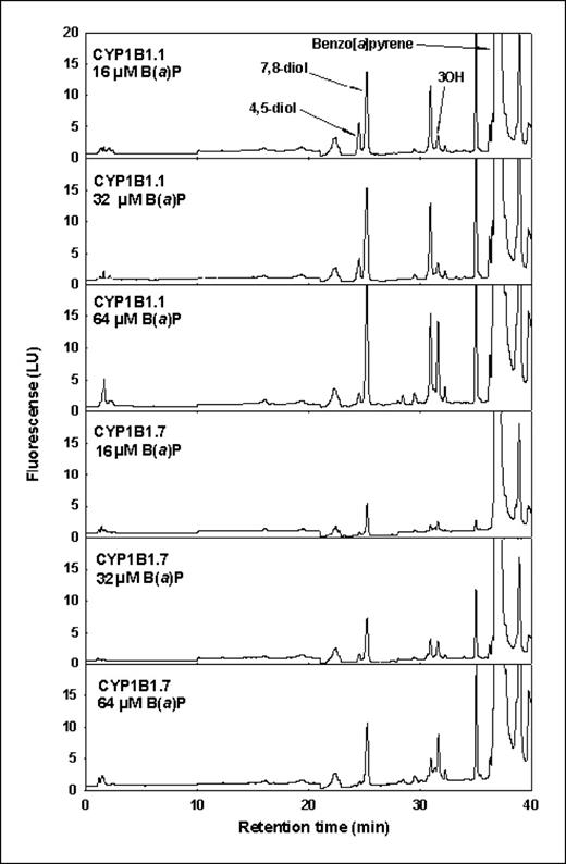 Figure 1. HPLC analysis of B[a]P metabolism by heterologously expressed CYP1B1.1 and CYP1B1.7 at three different substrate concentrations (16, 32, and 64 μmol/L). The metabolites identified are B[a]P-3OH (3OH), B[a]P-7, 8-DHD (7,8-diol), and B[a]P-4,5-DHD (4,5-diol).