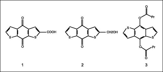 Figure 1. Chemical structures of benzodithiophene derivatives used in this study. 1, NSC656243 (4,8-dioxo-benzo[1,2-b:5,4-b′]dithiophene-2-carboxylic acid); 2, NSC656240 (2-hydroxymethyl-4,8-dihydrobenzo[1,2-b:5,4-b′]dithiophene-4,8-dione); 3, NSC682994 (4,8-dibutanoyl-benzo[1,2-b:4,5-b′]dithiophene).
