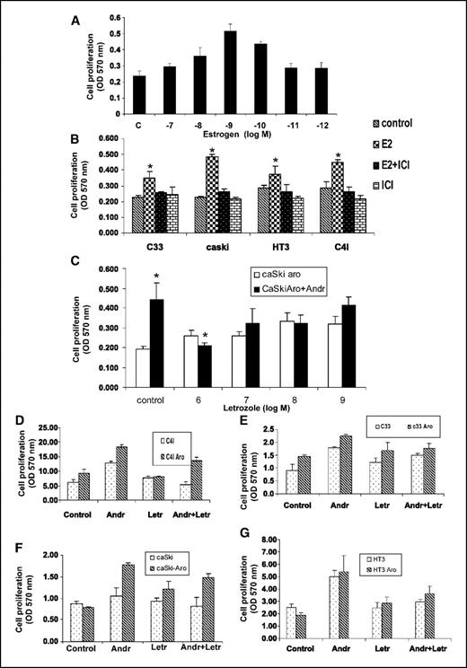 Figure 4. Estrogen leads to increased cervical cancer cell proliferation. A, estrogen dose-response effects on cervical cancer cell proliferation was measured by MTT assay. B, different cervical cancer cells were treated with estradiol (10−9 mol/L) along with or without ICI 182,780 (10−7 mol/L) and proliferation was measured by MTT assay as described in Materials and Methods. C, Letrozole dose-response effects on CaSki-Aro cellular proliferation was measured by MTT. D-G, aromatase transfected cervical cancer cell lines and corresponding controls were used in proliferation assays. Where indicated, androstenedione (Andr) was added as a substrate for conversion to estrogen by aromatase. Cell proliferation was determined by MTT assay as described in Materials and Methods. Experiments were repeated thrice; *, P < 0.01, representative data.