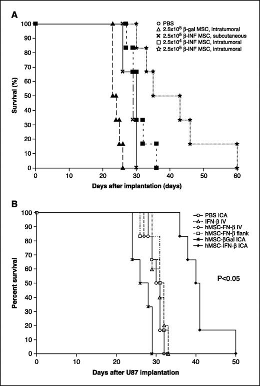 bone marrow cancer research articles Figure 9. A, survival of mice after intracranial intratumoral injection of hMSC-IFN-β into established U87 gliomas. U87 cells (105) were implanted into the frontal lobe of nude mice. After 10 days, tumors were injected with a single dose of hMSC-IFN-β, hMSC-β-gal, or PBS (n = 5/group). A significant increase in survival is evident with treatment with 2 × 105 hMSC-IFN-β (star). Diamond, PBS; triangle, 2 × 105 hMSC-β-gal; cross, 2 × 105 hMSC-IFN-β s.c.; square, 2 × 104 hMSC-IFN-β; star, 2 × 105 hMSC-IFN-β. B, survival of mice after intra-arterial treatment with hMSC-IFN-β. U87 cells (105) were implanted into the frontal lobe of nude mice (n = 6/group). After 10 days, animals were treated with hMSC-IFN-β or controls by injection of 106 cells into the carotid artery. Treatment with hMSC-IFN-β significantly increased survival. Circle, PBS; triangle, IFN-β i.v.; diamond, hMSC-IFN-β i.v.; square, hMSC-IFN-β flank; cross, hMSC-β-gal intra-arterial; dark circle, hMSC-IFN-β intra-arterial.