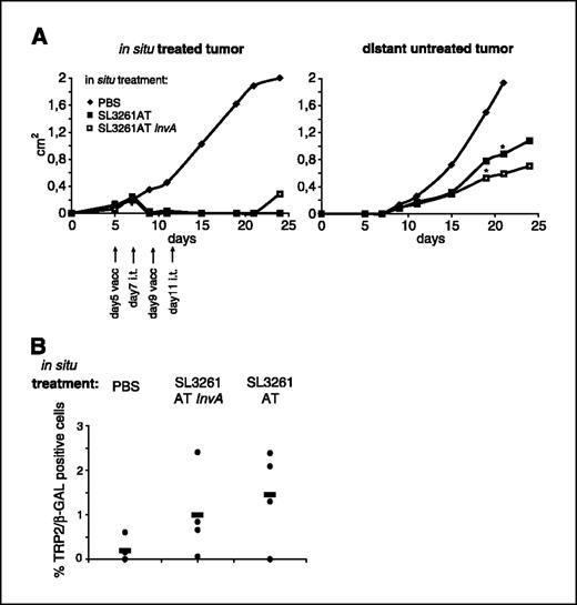 Figure 6. Bacteria injection in one lesion retards the growth of an untreated distant lesion. C57/BL6J mice were injected s.c. with 105 B16F10 cells on the left flank and 1.5 × 104 B16F10 cells on the back. At days 5 and 9, mice were vaccinated with dendritic cells loaded with SL3261AT. At day 7, when the left flank tumors reached an average size of 0.25 cm2, and at day 9, groups of eight mice received i.t. injections only in the left flank tumor, of either 108 CFU SL3261AT, SL3261AT InvA, or of PBS as a control. A, growth of both treated and untreated distant tumors was monitored every 2 to 3 days. Mice were sacrificed when one of the two tumors reached an area of 2 cm2. The growth of distant untreated tumors (right) was significantly retarded when the left flank tumor was treated with bacteria, regardless of their invasiveness compared with PBS treated tumors (*, P < 0.01). There was no statistically significant difference in the growth rate of the distant tumor when the treated tumor received in situ invasive or noninvasive bacteria (P = 0.3). Representative of two independent experiments. Arrows, day of treatment: vacc, dendritic cell vaccination; i.t., in situ bacteria or PBS treatment. B, 17 days after bacteria injection, B16F10 bearing mice treated in situ with S. typhimurium developed CD8+ T lymphocytes specific for the tumor-associated antigen TRP2. Point, percentage of Kb-TRP2 tetramer–positive CD8+ T cells subtracted of the percentage of binding to unrelated tetramer (Kb-β-gal) in individual mice; lines, average percentage of four analyzed mice.