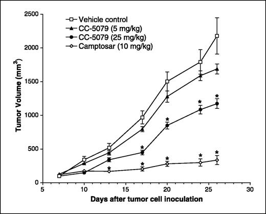 Figure 5. Effect of CC-5079 on human colorectal cancer HCT-116 growth in mouse xenograft. HCT-116 cells (2 × 106) were injected s.c. into CB17 SCID mice. When the tumors reached ∼100 mm3, the mice were given i.p. with vehicle control, CC-5079 (5 mg/kg), CC-5079 (25 mg/kg), or Camptosar (10 mg/kg) as described in Materials and Methods. Points, mean changes of tumor volumes plotted against time from 10 mice; bars, SE. *, P < 0.001.