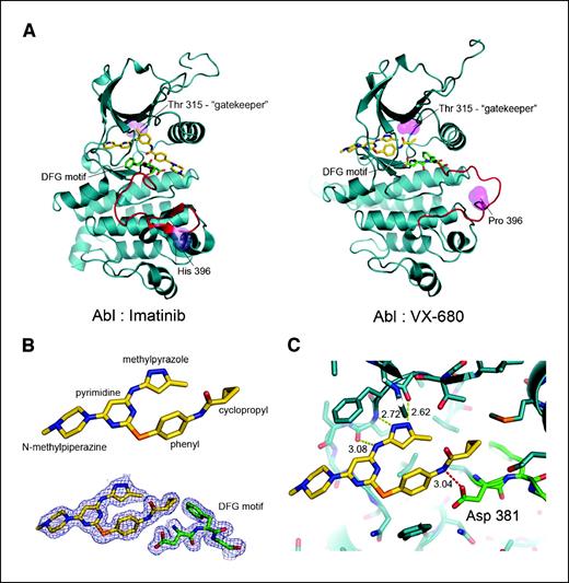 Figure 1. Structure of VX-680 complex. A, structure of Abl kinase domain bound to imatinib (left; PDB code 1OPJ; ref. 14) and VX-680 (right). Hydrogen atoms are not shown. B, chemical structure VX-680 (28) and 2Fo-Fc electron density for VX-680 and the DFG motif contoured at 1.9σ. C, mode of binding of VX-680 to the Abl kinase domain. The three hydrogen bonds to the hinge region (yellow dashed lines) and the hydrogen bond to Asp381 (red dashed line; distances in Å).