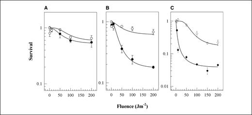 Figure 2. Clonogenic survival of K562 cells following incubation with UVASens-transferrin conjugates and UVA irradiation. Cells were incubated with amide (A), disulfide (B), and hydrazone (C) conjugates (•) at 37°C for 20 hours before UVA irradiation. ○, in parallel assays, the cells were incubated with the conjugates in the presence of 50-fold molar excess unlabeled transferrin. Conjugation numbers 1.6, 2.5, and 1.5 for the amide, disulfide, and hydrazone conjugates, respectively.