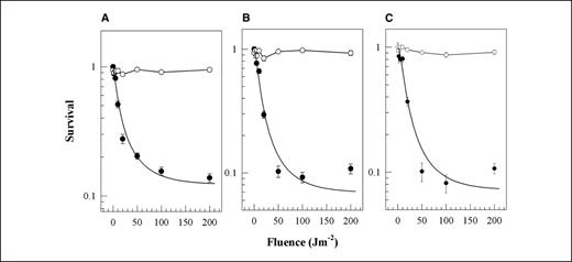 Figure 3. Clonogenic survival of A431 (•) and CHO-K1 (○) cells following incubation with amide (A), disulfide (B), and hydrazone (C) UVASens-MoAB-225 conjugates and UVA irradiation. Conjugation numbers, 1.9, 1.7, and 1.1 for the amide, disulfide, and hydrazone conjugates, respectively.