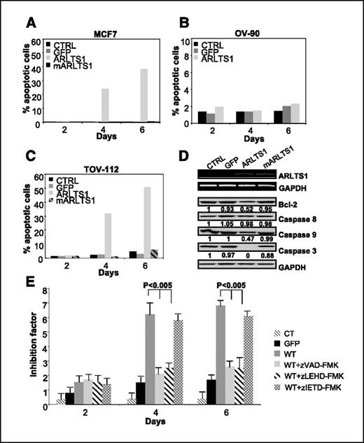 Figure 2. Flow cytometry analysis of untreated, Ad-GFP-infected, Ad-ARLTS1-WT-infected, and Ad-ARLTS1-MUT-infected cells. A, restoration of wild-type ARLTS1 induces apoptosis (36.21%) in MCF7 cells after 6 days. B, ARLTS1 reexpression does not induce cell death in OV-90 cells. C, wild-type (ARLTS1= WT), but not mutant (mARLTS1), induces apoptosis (50.75%) in TOV-112 cells after 6 days. D, apoptotic pathway induced by ARLTS1-WT restoration in TOV-112 cells. Antiapoptotic protein Bcl-2 is reduced (50% reduction) after ARLTS1 restoration, and the intrinsic caspase pathway is activated by activation of the initiator caspase-9 (50% reduction of procaspase-9) and complete cleavage of the effector caspase-3. Caspase-8 levels (extrinsic pathway) are not affected by ARLTS1 activation. Numbers represent relative expression to control (CTRL). E, kinetics of caspase inhibition assay in TOV cells by CCK-8 cell viability assay. Effects of the general caspase inhibitor z-VAD-FMK and inhibitors of caspase-8 (z-IETD-FMK) and caspase-9 (z-LEHD-FMK) on ARLTS1-transduced and untransduced TOV cells at 2, 4, and 6 days after infection. Columns, mean in quadruplicate; bars, SD. P presented when statistically significant. At 4 and 6 days, pan-caspase and caspase-9 inhibitors blocked (P = 0.001) whereas caspase-8 (P = 0.31) did not affect TOV-induced apoptosis.