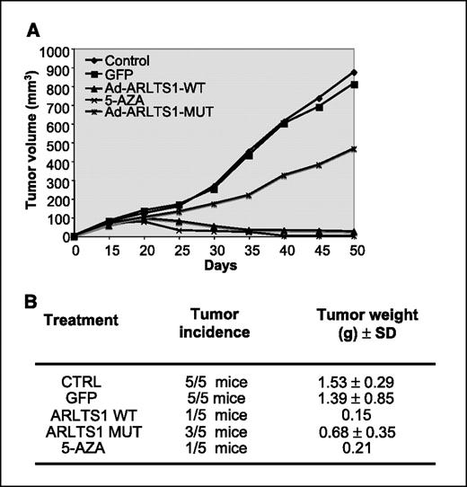 Figure 4. Effect of ARLTS1 expression on tumorigenicity of TOV-112 ovarian cancer cells. A, tumor volume of untreated, Ad-GFP-treated, Ad-ARLTS1-treated, Ad-ARLTS1-MUT-treated, and 5-AZA-treated cells. Restoration of ARLTS1 expression by adenovirus or 5-AZA treatment in vitro suppressed significantly (P < 0.001) tumor growth in nude mice. B, tumor weight of tumors in untreated, Ad-GFP-treated, Ad-ARLTS1-treated, Ad-ARLTS1-MUT-treated, and 5-AZA-treated nude mice. Tumor weight of Ad-ARLTS1-treated and 5-AZA-treated mice was significantly different compared with the control (P < 0.0001).