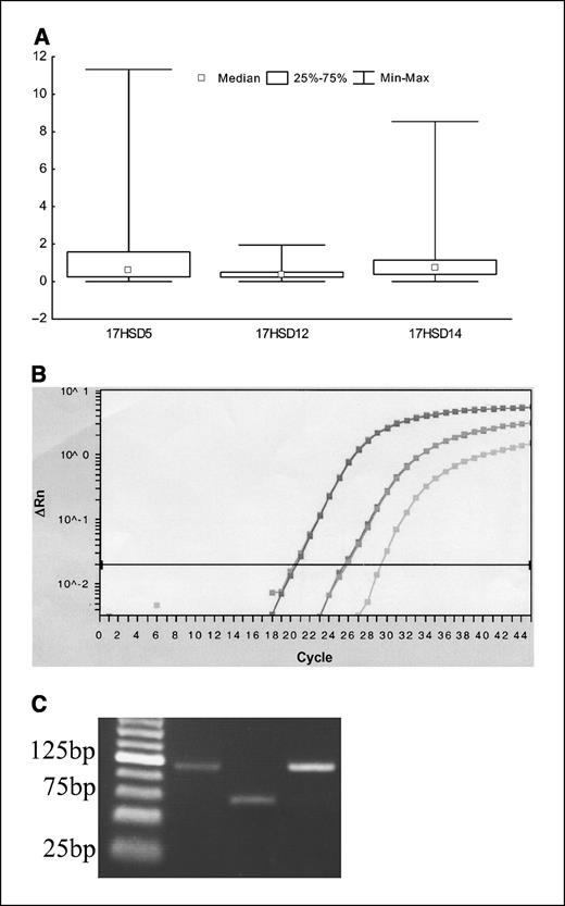 Figure 1. A, expression of 17HSD5, 17HSD12, and 17HSD14 in breast cancer tissue. B, typical pattern of the curves from real-time PCR amplification of 17HSD12, 17HSD14, and 17HSD5 (left to right). C, real-time PCR products were separated on agarose gel with the expected product size (left to right): 17HSD5 (112 bp), 17HSD12 (65 bp), and 17HSD14 (110 bp).