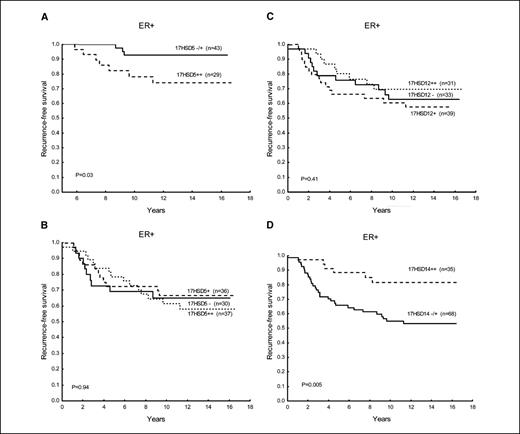 Figure 2. Kaplan-Meier curves showing recurrence-free survival in patients with ER-positive tumors (A) later than 5 years after diagnosis that expressed high (++) levels of 17HSD type 5 compared with tumors with intermediate (+) and low (−) levels. B, for the whole follow-up period about 17HSD5 expression. C, for the whole follow-up period about 17HSD12 expression. D, for the whole follow-up period about 17HSD14 expression.