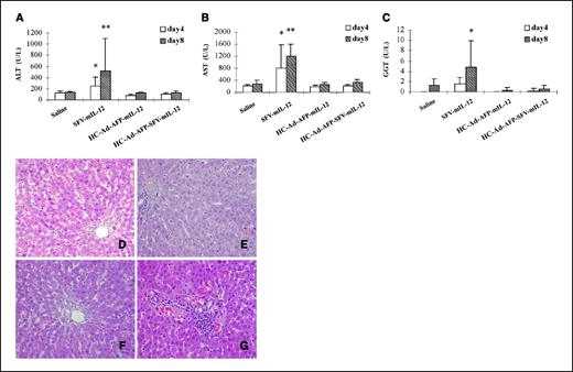 Figure 6. Toxicity of hybrid vectors. Orthotopic liver tumors were treated with 2 × 1011 vp of HC-Ad-AFP-mIL-12, HC-Ad-AFP-SFV-mIL-12, 108 IU of SFV-mIL-12, or saline as control. Serum samples were collected at days 4 and 8 after treatment for determination of ALT (A), AST (B), and GGT (C). *, P < 0.05; **, P < 0.01, compared with control group by Mann-Whitney test. D to G, photomicrographs of liver sections stained with H&E corresponding to control rats receiving saline (D); HC-Ad-AFP-mIL-12 (E); HC-Ad-AFP-SFV-mIL-12 (F); or SFV-mIL-12 (G). Original magnification, ×200 (D-G).