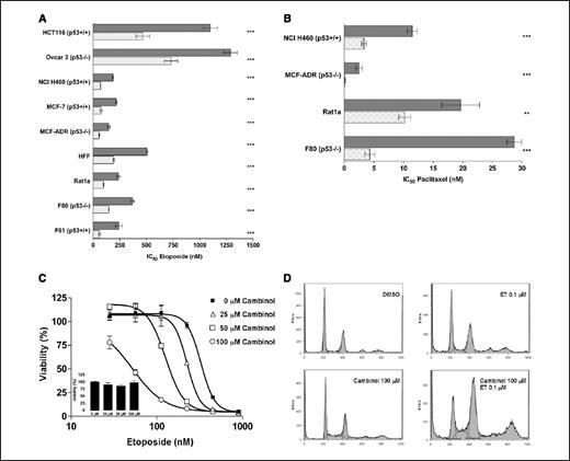 Figure 4. Cambinol sensitizes cells to chemotherapeutic agents in a p53-independent manner. A, etoposide IC50 values were determined using the [3H]thymidine incorporation assay and normalized to the viability of cells treated with cambinol alone. Dark gray columns, IC50 of etoposide without cambinol. Light gray columns, IC50 of etoposide with 50 μmol/L cambinol. Bars, SD. Statistical significance was assessed using the two-tailed t test. Cambinol reduced the IC50 values of etoposide significantly (P < 0.001). The viability of cells treated with 50 μmol/L cambinol alone (expressed as percentage of viability in DMSO) was as follows: HCT116, 102%; Ovcar 3, 102%; NCI H460, 101%; MCF-7, 57%; MCF-ADR, 88%; human foreskin fibroblasts, 91%; Rat1a, 94%; F80, 91%; F61, 93%. B, dark gray columns, IC50 of paclitaxel without cambinol. Light gray columns, IC50 of paclitaxel with 50 μmol/L cambinol. Cambinol reduced the IC50 values of paclitaxel significantly (***, P < 0.001; **, P < 0.01). The viability of cells treated with 50 μmol/L cambinol alone (expressed as percentage of viability in DMSO) was as follows: NCI H460, 105%; MCF-ADR, 85%; Rat1a, 104%; F80, 94%. Cambinol-induced chemosensitization to etoposide (C) and the enhancement of cell cycle arrest (D) is independent of p53. C, etoposide viability dose-response curves in F80 (p53−/−) MEFs without and with the indicated concentrations of cambinol. Inset, viability of cells treated with cambinol alone. Points, cell viability on treatment with combination of cambinol and etoposide, normalized to the viability of cells treated with cambinol alone; bars, SD. Experiments were done in triplicates. D, flow cytometry DNA analysis of F80 (p53−/−) cells treated for 48 hours with DMSO, cambinol, etoposide, and the combination of cambinol and etoposide at indicated concentrations.